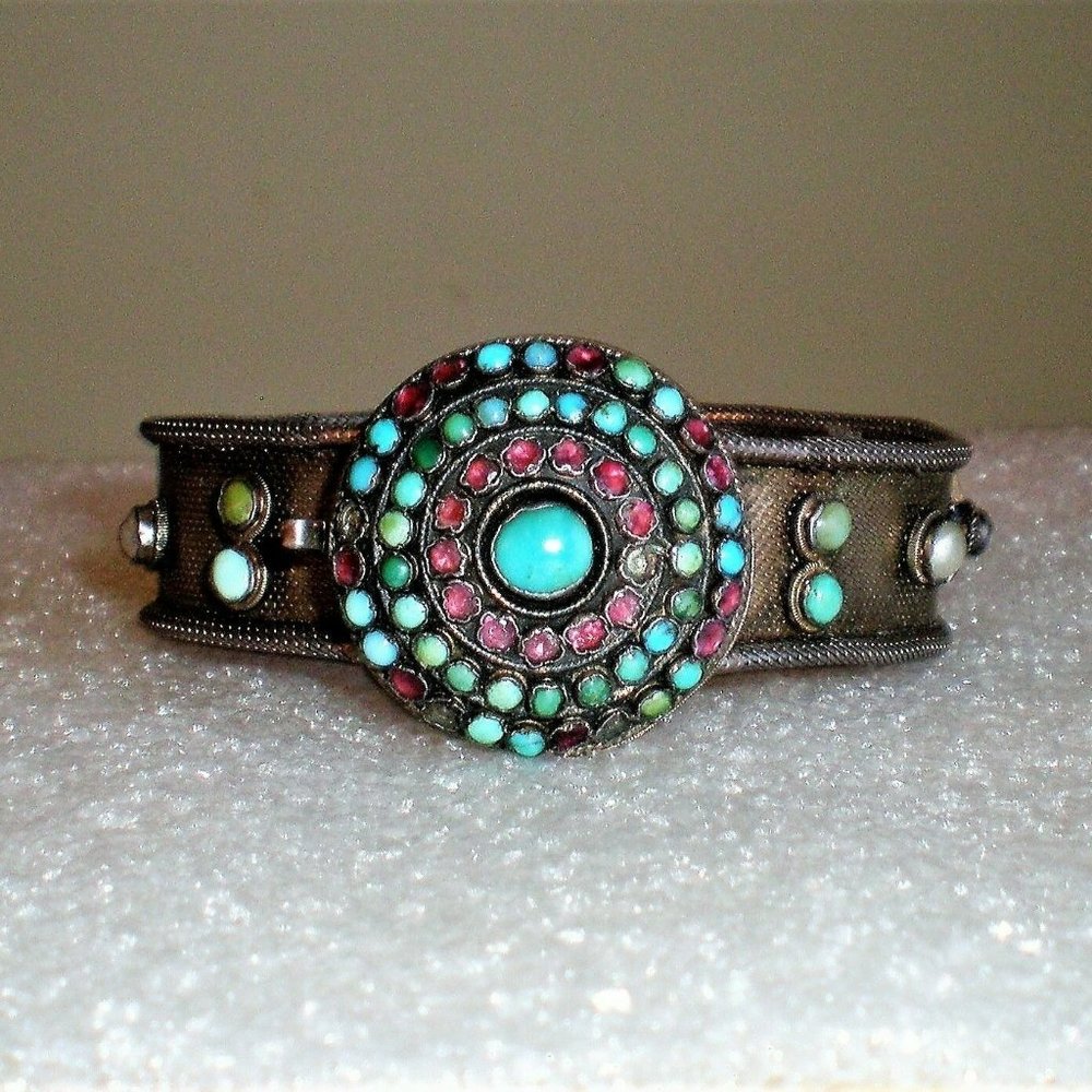 Antique Victorian Belt Buckle Sterling Enamel Ruby Turquoise Pearl Bracelet